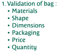  1  Validation of bag :   Materials   Shape   Dimensions   Packaging   Price   Quantity