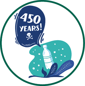 450 years  How long decompos plastic bottle in nature  Stop plastic pollution  Vector flat illustration for World Environment Day  Plastic floats in the ocean  Harm to nature  Elements, clip art