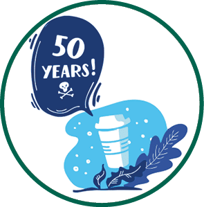 50 years  How long decompos plastic coffee cup in nature  Stop plastic pollution  Vector flat illustration for World Environment Day  Plastic floats in the ocean  Harm to nature  Elements, clip art