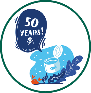 50 years  How long decompos tin in nature  Stop plastic pollution  Vector flat illustration for World Environment Day  Plastic floats in the ocean  Harm to nature  Elements, clip art