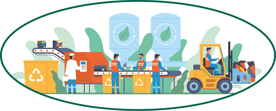 Garbage recycling  Waste sorting machine, trash conveyor, getting recyclables process, compress material for new products, refuse and reuse rubbish industry, vector cartoon flat concept